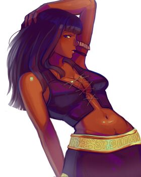 1girl arm_up armlet black_hair blunt_bangs butchifier commentary cross-laced_clothes cross-laced_top dark-skinned_female dark_skin hashtag-only_commentary highres jewelry long_hair looking_at_viewer navel nico_robin one_piece open_mouth purple_skirt simple_background skirt solo white_background