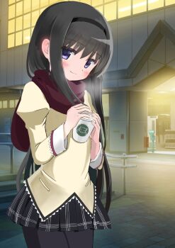 1girl akemi_homura black_eyes black_hair black_pantyhose blush cafe feet_out_of_frame highres holding jacket kyubey long_hair looking_at_viewer mahou_shoujo_madoka_magica pantyhose red_scarf riuriumagi scarf school_uniform smile solo standing window yellow_jacket