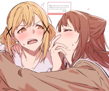 2girls absurdres bang_dream! blonde_hair blush brown_hair collarbone commentary cone_hair_bun dress hair_bun hanasakigawa_school_uniform highres hug ichigaya_arisa kanade_(kanade_3344) long_hair marshmallow_(site) multiple_girls open_mouth purple_eyes rejected_kiss request_inset sailor_collar sailor_dress school_uniform simple_background sweatdrop teeth toyama_kasumi translation_request twintails upper_teeth_only white_background white_sailor_collar yellow_eyes yuri