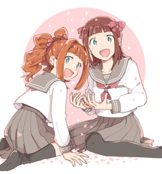 2girls :d amami_haruka aoic black_socks blunt_bangs bow brown_hair collarbone full_body green_eyes grey_sailor_collar grey_skirt hair_bow idolmaster idolmaster_(classic) kneehighs long_hair long_sleeves miniskirt multiple_girls neckerchief open_mouth pink_bow pleated_skirt red_neckerchief sailor_collar sailor_shirt school_uniform serafuku shirt sitting skirt smile socks takatsuki_yayoi twintails wariza white_background white_shirt