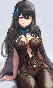 Rule 34 | black cape, black dress, black hair, breasts, butterfly hair ornament, cape, chronopattern dress, dress, girls' frontline, hair ornament, highres, looking at viewer, lotan, lunasia (girls' frontline), seductive smile, simple background, sitting, smile, solo, white background, yellow eyes