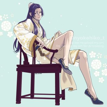 Rule 34 | 1boy, absurdres, aqua background, blue shoes, bun cover, chair, commentary request, dated, flats, gold trim, hair bun, half updo, highres, jinshi (kusuriya no hitorigoto), kusuriya no hitorigoto, looking at viewer, male focus, parted bangs, parted lips, pink eyes, purple hair, robe, shoes, side slit, sitting, solo, takehide, thighs, twitter username, upskirt, white robe