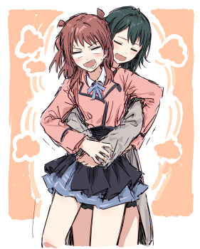 2girls :d =_= black_skirt blank_eyes blazer blue_ribbon blue_skirt border brown_hair coat collared_shirt cowboy_shot dress_shirt facing_viewer gakuen_idolmaster green_hair grey_coat hanami_saki hatsuboshi_gakuen_school_uniform highres hug hug_from_behind idolmaster jacket long_hair long_sleeves miniskirt multiple_girls neck_ribbon open_mouth orange_background outside_border overskirt pink_jacket pleated_skirt ribbon school_uniform shirt skirt smile sweat tsukimura_temari two_side_up wavy_mouth white_border white_shirt yukitake_(xuserpost)