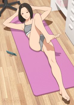 1girl absurdres asian barefoot black_hair breasts brown_eyes cellphone commentary_request crotch_seam exercising full_body grey_panties grey_sports_bra highres medium_hair original panties phone shinchou_ni_kansuru_kousatsu small_breasts smartphone solo sports_bra sports_panties underwear wooden_floor yoga_mat