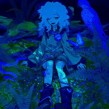 1girl bird blood blood_splatter blue_theme boots bug butterfly dragonfly frilled_shirt frills frog hat highres insect koishi_day komeiji_koishi lizard long_hair long_sleeves looking_at_viewer nature open_mouth outdoors parrot plant seeker shirt sitting skirt snake solo touhou ultraviolet_light