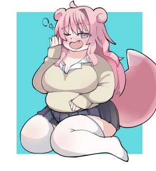 1girl ahoge blue_background blue_skirt blush bond_dayo breasts cleavage fang gen_1_pokemon grey_eyes gyaru_slowpoke_(shin_no_tenpii) hair_ears hand_to_own_mouth large_breasts long_hair nintendo one_eye_closed open_mouth personification pink_hair plump pokemon sitting skirt sleepy slowpoke solo sweater tail thick_thighs thighhighs thighs wariza white_thighhighs