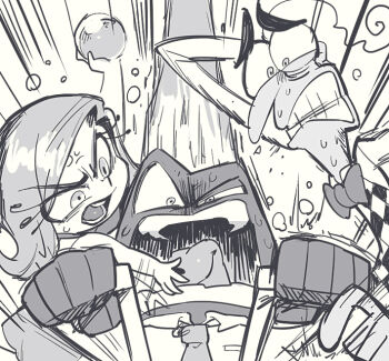 1girl 2boys anger_(inside_out) disgust_(inside_out) disney fear_(inside_out) greyscale inside_out monochrome multiple_boys open_mouth pixar sanjiro_(tenshin_anman)