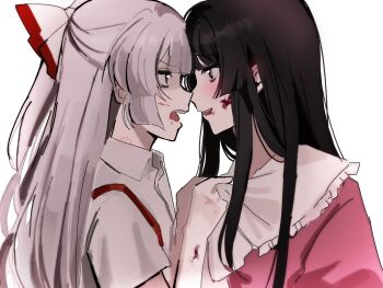 Rule 34 | 2girls, angry, bite mark, bite mark on neck, black hair, blood, blood on face, blood on hands, blush, bow, clothes grab, collar grab, collared shirt, commentary request, contrast collar, face-to-face, fujiwara no mokou, hair bow, hime cut, houraisan kaguya, jyazo pic, long hair, long sleeves, looking at another, multiple girls, neckwear grab, open mouth, pink eyes, pink shirt, red eyes, shirt, short sleeves, smile, teeth, touhou, upper body, upper teeth only, white background, white hair, white shirt