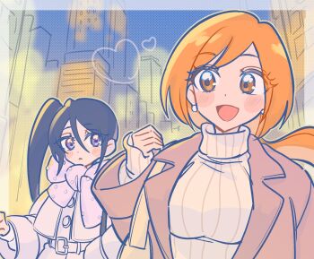 Rule 34 | 2girls, belt, black hair, bleach, bleach: epilogue, blush, breasts, brown eyes, city, coat, earrings, hand in pocket, happy, inoue orihime, jewelry, kuchiki rukia, large breasts, long hair, mature female, multiple girls, official alternate hairstyle, open mouth, orange hair, outdoors, purple eyes, side ponytail, techimi, turtleneck, upper body