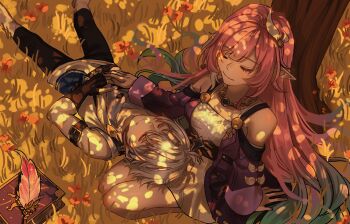 1boy 1girl aqua_hair bare_shoulders black_gloves black_pants book closed_eyes closed_mouth coat commentary cross cross_necklace cyrene_(aedes_elysiae)_(honkai:_star_rail) cyrene_(honkai:_star_rail) cyrene_(ripples_of_past_reverie)_(honkai:_star_rail) diedofdying6699 dress english_commentary fingerless_gloves fingernails gloves grey_shirt highres honkai:_star_rail honkai_(series) jewelry lap_pillow long_hair multicolored_hair necklace pants phainon_(a_dream_scented_in_wheat)_(honkai:_star_rail) phainon_(honkai:_star_rail) pink_hair purple_coat quill self_cosplay shirt sleeping thighs tree very_long_hair white_dress white_hair