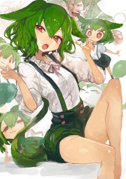 1girl absurdres brown_eyes chibi chibi_inset closed_mouth collared_shirt commentary green_hair green_shorts green_suspenders hair_between_eyes highres kaamin_(mariarose753) long_hair multiple_views open_mouth shirt shorts simple_background sitting suspender_shorts suspenders utau voicevox white_background white_shirt zundamon zundamon_(utau)