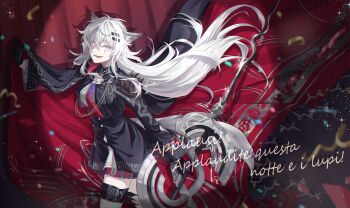 Rule 34 | 1girl, :d, absurdres, aiguillette, animal ears, arknights, arm up, black gloves, black jacket, black skirt, cape, chromatic aberration, commentary request, cowboy shot, gloves, gradient necktie, hair between eyes, hair ornament, hairclip, high-waist skirt, highres, holding, italian text, itonatsu, jacket, lappland (arknights), lappland the decadenza (arknights), light particles, long hair, long sleeves, looking at viewer, material growth, necktie, official alternate costume, open mouth, oripathy lesion (arknights), purple necktie, red cape, red necktie, scar, scar across eye, scar on face, signature, skirt, smile, solo, sparkle, spotlight, standing, translated, white eyes, white hair, wolf ears, wolf girl