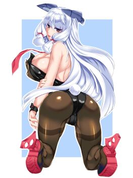 1girl aged_up alternate_breast_size_(larger) black_leotard black_pantyhose blunt_bangs blush breasts cleavage fake_tail floating_headgear hair_ribbon hakkai hashtag-only_commentary headgear highres kantai_collection large_breasts leotard long_hair looking_at_viewer murakumo_(kancolle) murakumo_kai_ni_(kancolle) necktie orange_eyes pantyhose playboy_bunny red_necktie ribbon short_eyebrows sidelocks solo strapless strapless_leotard tail thick_eyebrows thighband_pantyhose tress_ribbon very_long_hair white_hair wrist_cuffs