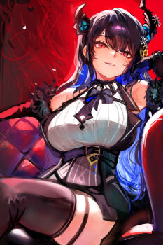 1girl asymmetrical_horns black_gloves black_hair black_horns black_sleeves black_thighhighs black_vest blue_hair breasts dress_shirt gloves highres hololive hololive_english horns large_breasts long_hair looking_at_viewer mole mole_under_eye nerissa_ravencroft nerissa_ravencroft_(1st_costume) red_background red_eyes seafoodisgood087 shirt sitting slit_pupils solo thighhighs vest virtual_youtuber