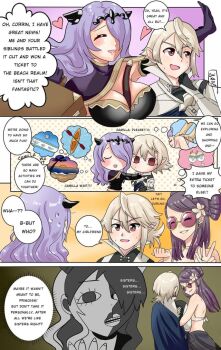 1boy 2girls 4koma breasts camilla_(fire_emblem) cleavage closed_eyes comic dragon_boy fire_emblem fire_emblem_fates flower hair_flower hair_ornament hair_over_one_eye heart kagura_oni large_breasts male_corrin_(fire_emblem) multiple_girls nintendo one_eye_covered orochi_(fire_emblem) pointy_ears purple_eyes purple_hair red_eyes speech_bubble sunglasses sweat thought_bubble tiara white_hair