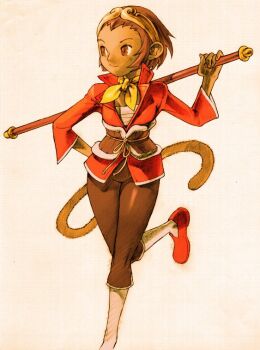 1girl ascot bengus brown_eyes brown_hair capcom female_focus marvel marvel_vs._capcom marvel_vs._capcom_2 monkey official_art sarashi short_hair simple_background smile solo sonson staff tail