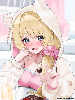 1girl ahoge animal_hood blonde_hair blush breasts cat_hood chocolate cleavage collarbone cup fang food grey_eyes highres holding holding_food hood incoming_food indie_virtual_youtuber indoors jewelry long_hair long_sleeves looking_at_viewer low-tied_long_hair medium_breasts mug necklace nose_blush official_art open_mouth skin_fang upper_body uwabami_momoka_(vtuber) virtual_youtuber yuuyu_(moco20111115)