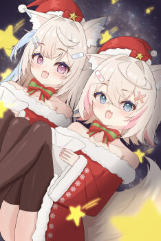 2girls :3 :d alternate_costume animal_ear_fluff animal_ears bandaid bandaid_hair_ornament black_thighhighs blue_eyes blue_streaks blush dog_ears dog_girl dog_tail dress fang fur-trimmed_dress fur-trimmed_headwear fur_trim fuwawa_abyssgard hair_ornament hairpin hat highres hololive hololive_english long_hair looking_at_viewer medium_hair mococo_abyssgard multiple_girls nishikigishuika open_mouth pink_eyes pink_streaks red_dress red_hat santa_hat siblings sisters skin_fang smile tail thighhighs twins two_side_up very_long_hair virtual_youtuber x_hair_ornament