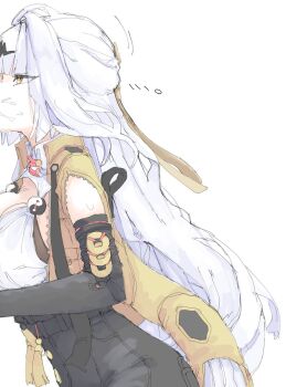 1girl black_gloves breasts commentary cowboy_shot elbow_gloves gloves hair_ornament high-waist_shorts highres implied_fellatio jacket large_breasts long_hair mocamocaink shorts white_background white_hair yellow_eyes yellow_jacket yixuan_(zenless_zone_zero) zenless_zone_zero