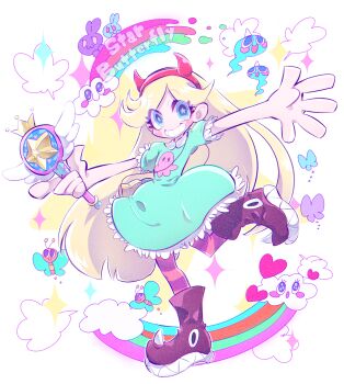 1girl absurdres animal-themed_footwear aqua_dress blonde_hair blue_eyes boku002 dress facial_mark fake_horns hairband heart heart-shaped_blush_stickers heart_cheeks heart_facial_mark highres horn_hairband horned_headwear horns long_hair looking_at_viewer marking_on_cheek markings_on_cheeks pantyhose royal_magic_wand_(svtfoe) smile solo star_butterfly star_vs_the_forces_of_evil striped_clothes striped_pantyhose wand winged_wand