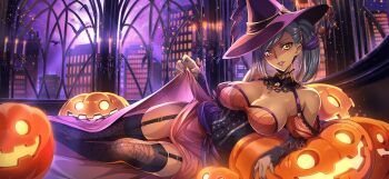 1girl arm_support artist_request bare_shoulders bat_(animal) black_thighhighs breasts brooch candelabra candle candlestand cleavage clothes_lift code_geass code_geass:_lost_stories corset dark-skinned_female dark_skin dress dress_lift female_focus fire game_cg garter_straps gem grey_hair hair_ribbon halloween hand_up happy hat highres indoors jack-o'-lantern jewelry juliet_sleeves large_breasts leaning_on_object legs_together lifting_own_clothes light_rays lipstick long_sleeves looking_at_viewer lying makeup nail_polish night non-web_source official_art on_side orange_dress parted_lips print_thighhighs puffy_sleeves purple_background purple_hat purple_lips purple_nails purple_ribbon red_gemstone ribbon short_hair side_ponytail smile solo spider_web_print teeth thighhighs thighs villetta_nu window witch witch_hat yellow_eyes