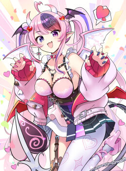 Rule 34 | 1girl, absurdres, ahoge, asahi illustrator, black nails, breasts, claw pose, cleavage, commentary, demon girl, demon horns, demon tail, demon wings, fang, hair ornament, heart, heart ahoge, heart hair ornament, heterochromia, high heels, highres, horns, indie virtual youtuber, ironmouse, ironmouse (15th costume), large breasts, long hair, looking at viewer, multicolored hair, nail polish, pink hair, pink shoes, pointy ears, purple eyes, purple streaks, red eyes, shoes, skin fang, solo, spoken heart, streaked hair, symbol-only commentary, tail, thighhighs, twintails, very long hair, virtual youtuber, white thighhighs, wings