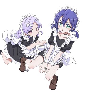2girls alternate_costume apron bare_arms bare_legs black_choker blue_hair blush bow brown_shoes choker collarbone dalidari27 enmaided frilled_apron frills green_eyes hair_between_eyes hair_bow haraga_kurumi highres kimi_no_koto_ga_dai_dai_dai_dai_daisuki_na_100-nin_no_kanojo long_hair looking_at_viewer maid maid_apron maid_headdress momi_momiji multiple_girls open_mouth pout power_symbol-shaped_pupils purple_hair red_eyes shoes simple_background symbol-shaped_pupils white_apron white_background white_bow wrist_cuffs