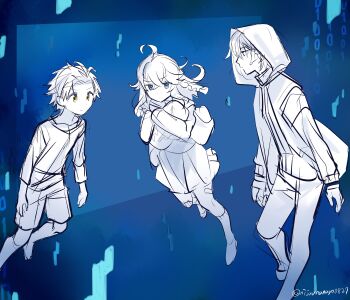 Rule 34 | 1girl, 2boys, absurdres, ahoge, bandaid, bandaid on leg, barefoot, binary, blue eyes, brown eyes, character request, check character, closed mouth, forehead, hair between eyes, hair flaps, highres, hood, hood down, hooded jacket, izumo kasumi (nijisanji), jacket, long sleeves, multiple boys, nijisanji, ninahachi, no shoes, open clothes, open jacket, pants, parted bangs, pleated skirt, shirt, shorts, sketch, skirt, socks, suzuki masaru, twitter username, virtual youtuber