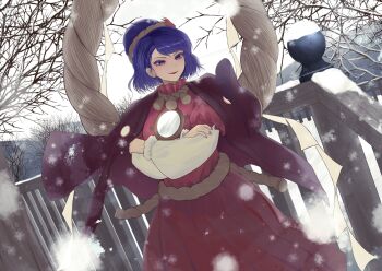 1girl absurdres commentary_request crossed_arms highres jacket jacket_on_shoulders light_smile lipstick long_sleeves makeup medium_hair nail_polish outdoors purple_eyes purple_hair red_lips red_shirt red_skirt shirt skirt snow snowing solo tamateba_co touhou white_sleeves yasaka_kanako