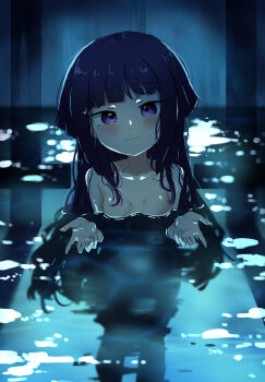 1girl blue_hair breasts chainsaw_man closed_mouth gundam gundam_age highres i&#039;ll_teach_you_everything_(chainsaw_man) long_hair looking_at_viewer nicheng_(hpicture) partially_submerged pool purple_eyes reze_(chainsaw_man) scene_reference small_breasts smile solo yurin_leciel