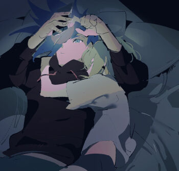 2boys black_hoodie blue_eyes blue_hair cellphone colored_eyelashes cuddling galo_thymos gapamopa green_hair grey_shirt highres holding holding_phone hood hoodie indoors lio_fotia looking_at_phone lying male_focus mohawk multiple_boys on_back on_bed on_side phone pillow promare shirt short_hair short_sleeves sketch sleeping smartphone yaoi