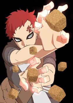 1boy black_eyeliner cube ebata_kyouhei eyeliner facial_mark fishnets forehead_mark gaara_(naruto) geokinesis grey_eyes highres makeup male_focus naruto_(classic) naruto_(series) red_hair sand solo upper_body