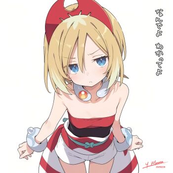 1girl ai-generated bare_shoulders blonde_hair blue_eyes bracelet breasts cleavage collar collarbone hair_between_eyes hair_ornament hairband highres irida_(pokemon) jewelry leaning_forward looking_at_viewer nintendo pokemon pokemon_legends:_arceus red_sash sash scowl shirt short_hair shorts signature simple_background solo strapless strapless_shirt text_background white_background white_collar white_sash white_shorts wristband yuusha_menma