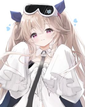 1girl azur_lane black_necktie blonde_hair blue_ribbon closed_mouth collar commentary_request crossed_bangs detached_collar dress goggles goggles_on_head hair_between_eyes hair_flaps hair_ribbon highres little_anchorage_(azur_lane) long_hair long_sleeves looking_at_viewer necktie phos_phos pink_eyes ribbon sidelocks sleeves_past_fingers sleeves_past_wrists smile solo twintails upper_body white_background white_collar white_dress