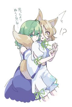 !? 2girls animal_ears bare_shoulders cropped_legs detached_sleeves flat_chest fox fox_ears fox_girl fox_tail frog_hair_ornament green_eyes green_hair green_ribbon hair_between_eyes hair_ornament hug hug_from_behind japanese_clothes jitome kochiya_sanae kudamaki_tsukasa looking_at_another medium_hair multiple_girls nontraditional_miko open_mouth ribbon romper shirt short_sleeves simple_background skirt tail toori_sototo touhou translation_request white_background white_romper
