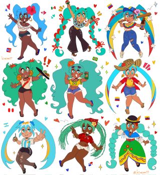 ! !! 6+girls absurdly_long_hair annotated aqua_eyes aqua_hair argentina argentinian_flag argentinian_miku artist_name baseball_bat bead_choker beads belly_chain black_footwear black_hat black_pants black_shorts blonde_hair blue_footwear blue_hair blue_pants blue_shorts bottle bracelet braid brazil brazilian_flag brazilian_flag_print brazilian_miku brown_footwear brown_hat can collared_shirt colombia colombian_flag colombian_miku corrupted_twitter_file cross cross_necklace dark-skinned_female dark_skin denim earrings ecuador ecuadorian_flag ecuadorian_miku face_piercing flag_print flip-flops flower green_skirt guarana_antarctica hair_flower hair_ornament hat hat_flower hatsune_miku heart high_heels highres holding holding_baseball_bat holding_bottle holding_can holding_tray instrument jeans jewelry kiremii lip_piercing long_hair long_sleeves maracas mexican_flag mexican_miku mexico midriff multicolored_hair multiple_bracelets multiple_girls navel necklace off-shoulder_shirt off_shoulder one_eye_closed open_clothes open_mouth open_shirt panama panama_flag pants peru peruvian_flag peruvian_miku piercing pink_flower print_shirt puerto_rican_flag puerto_rican_miku puerto_rico red_flower red_hair red_shirt sandals shirt shoes short_sleeves shorts shorts_tan skirt smile star_(symbol) star_hair_ornament streaked_hair sunglasses tan tanline tied_shirt torn_clothes torn_jeans torn_pants tray twin_braids twintails twitter_username v venezuela venezuelan_flag venezuelan_miku_(mulemount) very_long_hair vocaloid w waving white-framed_eyewear white_background white_footwear white_hair white_shirt white_shorts worldwide_miku yellow_shirt