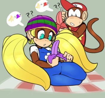 1boy 1girl ? ape banana baseball_cap beanie blonde_hair blue_eyes diddy_kong donkey_kong_(series) donkey_kong_64 earrings food fruit green_background hat highres jewelry monkey nintendo picnic_blanket sitting sweatdrop tiny_kong twintails