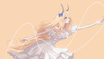 Rule 34 | 1girl, animal ears, arm up, blonde hair, breasts, chahiro, cleavage, commentary request, dress, ear ornament, frilled dress, frills, from side, gold city (umamusume), highres, horse ears, horse girl, horse tail, long hair, medium breasts, solo, sundress, tail, umamusume, white dress, yellow tail