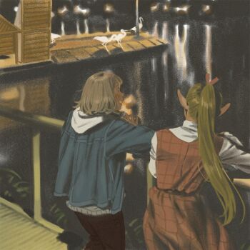 Rule 34 | 2girls, against railing, amber389, bird, blonde hair, blue jacket, blush, commentary, contemporary, dress, dungeon meshi, elf, falin touden, falin touden (tallman), from behind, hashtag-only commentary, heron, jacket, long hair, marcille donato, multiple girls, night, ocean, pointy ears, ponytail, railing, red dress, shirt, short hair, smile, white shirt