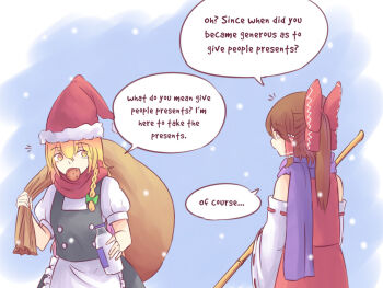 2girls alternate_headwear apron bag black_vest blonde_hair bottle bow braid brown_hair commentary cookie detached_sleeves english_commentary english_text food food_in_mouth frilled_hair_tubes frills green_bow hair_bow hair_tubes hakurei_reimu hat holding holding_bag kirisame_marisa long_hair milk_bottle multiple_girls purple_scarf red_bow red_hat red_scarf red_skirt ribbon-trimmed_sleeves ribbon_trim santa_hat scarf short_sleeves side_braid single_braid skirt skirt_set speech_bubble touhou vest waist_apron white_apron yellow_eyes yoruny