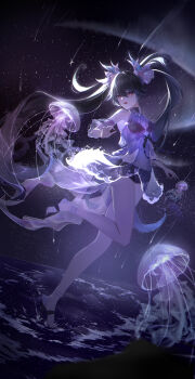 1girl absurdres bare_shoulders barefoot bikini bikini_top_only black_bikini black_hair black_shorts bright_pupils commentary_request covered_navel dress full_body gradient_hair hair_between_eyes hair_ornament hand_up highres hui_night jellyfish long_hair looking_at_viewer lucia:_pyroath_(rippling_luminescence)_(pgr) lucia_(pgr) midriff multicolored_hair night night_sky official_alternate_costume open_mouth punishing:_gray_raven purple_dress purple_hair red_eyes see-through_clothes see-through_dress shooting_star shorts sky smile solo star_(sky) starry_sky swimsuit thighs twintails very_long_hair white_pupils