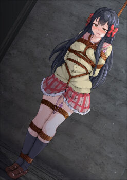 1girl absurdres bdsm black_hair blush bondage bound bow cardigan crotch_rope forced_orgasm full_body gn_nanon hair_bow highres indoors kneehighs legs_tied_together long_hair long_sleeves nipple_stimulation open_mouth pussy_juice remote_control_vibrator sailor_collar sex_toy shoes skindentation skirt socks standing tagme tearing_up thighs uwabaki vibrator vibrator_under_clothes