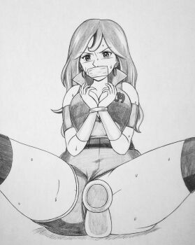 1girl absurdres angel_omachi angry bdsm bondage bound dildo earrings gag ginga_senpuu_braiger greyscale highres hoop_earrings improvised_gag j9_series jewelry machiko_valencia monochrome monochrome sweat tape tape_gag traditional_media yoshimasa