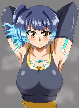 Rule 34 | 1girl, armpits, arms behind head, bare shoulders, blue hair, blush, breasts, brown eyes, crop top, elbow gloves, gloves, glowing, glowing hair, large breasts, looking at viewer, sena (xenoblade), simi zero, sleeveless, xenoblade chronicles (series), xenoblade chronicles 3