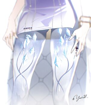 1girl absurdres commentary fingernails highres leg_focus long_fingernails mornye_(wuthering_waves) prosthesis prosthetic_leg signature solo tacet_mark_(wuthering_waves) wuthering_waves yasuki27