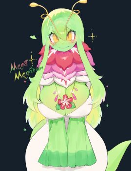 1girl antennae blush breasts character_name cleavage colored_skin cowboy_shot curvy dress eyelashes flower flower_necklace gen_2_pokemon green_hair green_skin green_sleeves green_tail heart highres jewelry large_breasts long_hair long_sidelocks long_sleeves looking_at_viewer low_neckline mega_meganium meganium monster_girl neck_flower necklace nintendo personification plant_girl pokemon red_flower sidelocks simple_background sleeves_past_fingers sleeves_past_wrists smile solo sparkle tail togetoge v_arms very_long_sidelocks white_dress wide_hips yellow_eyes