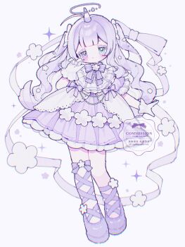 1girl ankle_lace-up artist_name blue_eyes blush bow bowtie closed_mouth commentary commission dress frilled_dress frilled_sleeves frills full_body gloves halo hand_up heterochromia highres horns long_hair original purple_bow purple_bowtie purple_dress purple_eyes purple_hair purple_halo purple_shoes shoes short_sleeves simple_background single_horn solo standing two_side_up upa_papa_co watermark white_background white_gloves