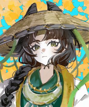 Rule 34 | 1girl, autumn leaves, blue background, closed mouth, coat, cone hair bun, double bun, ginkgo leaf, green headband, green robe, hair bun, hair over shoulder, hat, headband, highres, jewelry, jingshen kongji, leaf, leaf background, liang yue (reverse:1999), long braid, looking at viewer, necklace, official alternate costume, portrait, reverse:1999, rice hat, robe, solo, white coat, yellow eyes