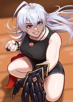 Rule 34 | 1girl, absurdres, ahoge, alternate costume, black gauntlets, black shirt, blue eyes, breasts, clawed gauntlets, clenched hand, fangs, gauntlets, general geega, grey hair, heterochromia, highres, jewelry, large breasts, long hair, looking to the side, necklace, pointy ears, red eyes, shirt, shorts, single gauntlet, smile, thighs, virtual youtuber, vshojo, zugzugmine