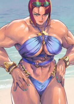 1girl abs ahn_dongshik bangle bare_shoulders beach biceps bikini blue_bikini blue_eyeshadow blue_nails bob_cut bracelet breasts capcom chain cowboy_shot criss-cross_halter dark-skinned_female dark_skin earrings eyeliner eyeshadow eyewear_on_head gold_bracelet gold_chain green_eyes halterneck hands_on_own_hips hoop_earrings jewelry large_breasts lipstick looking_at_viewer makeup marisa_(street_fighter) muscular muscular_female nail_polish navel o-ring o-ring_bikini ocean outdoors purple_hair red_hair red_lips sand short_hair smile solo street_fighter street_fighter_6 sunglasses swimsuit tan thick_thighs thighs veins veiny_arms water